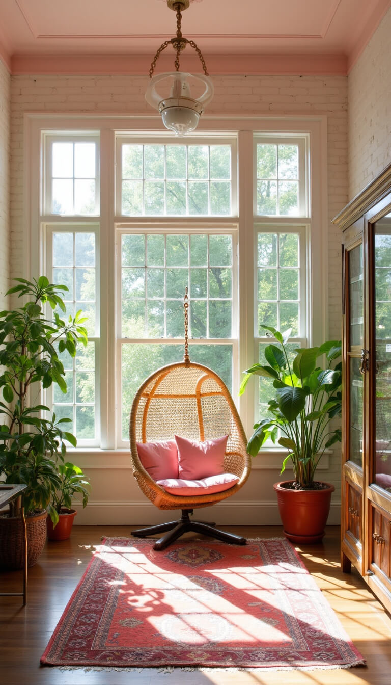 Sunlit 16x18ft pink sunroom with rattan hanging chair, coral Persian rug, potted palms, and brass glass display cabinet, showing indoor-outdoor flow.