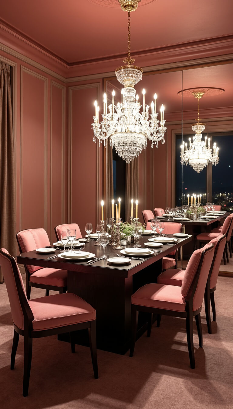 Elegant 18x20ft dining room at dusk with salmon pink silk wallpaper, crystal chandelier, dark wood table, pink velvet chairs, silver candlesticks, and mirrored walls reflecting candlelight.