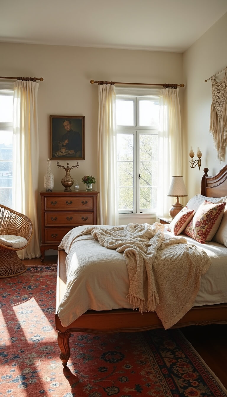 Sunlit bohemian bedroom with vintage quilts, Persian rug, rattan chair, and Victorian dresser, captured in soft morning light.
