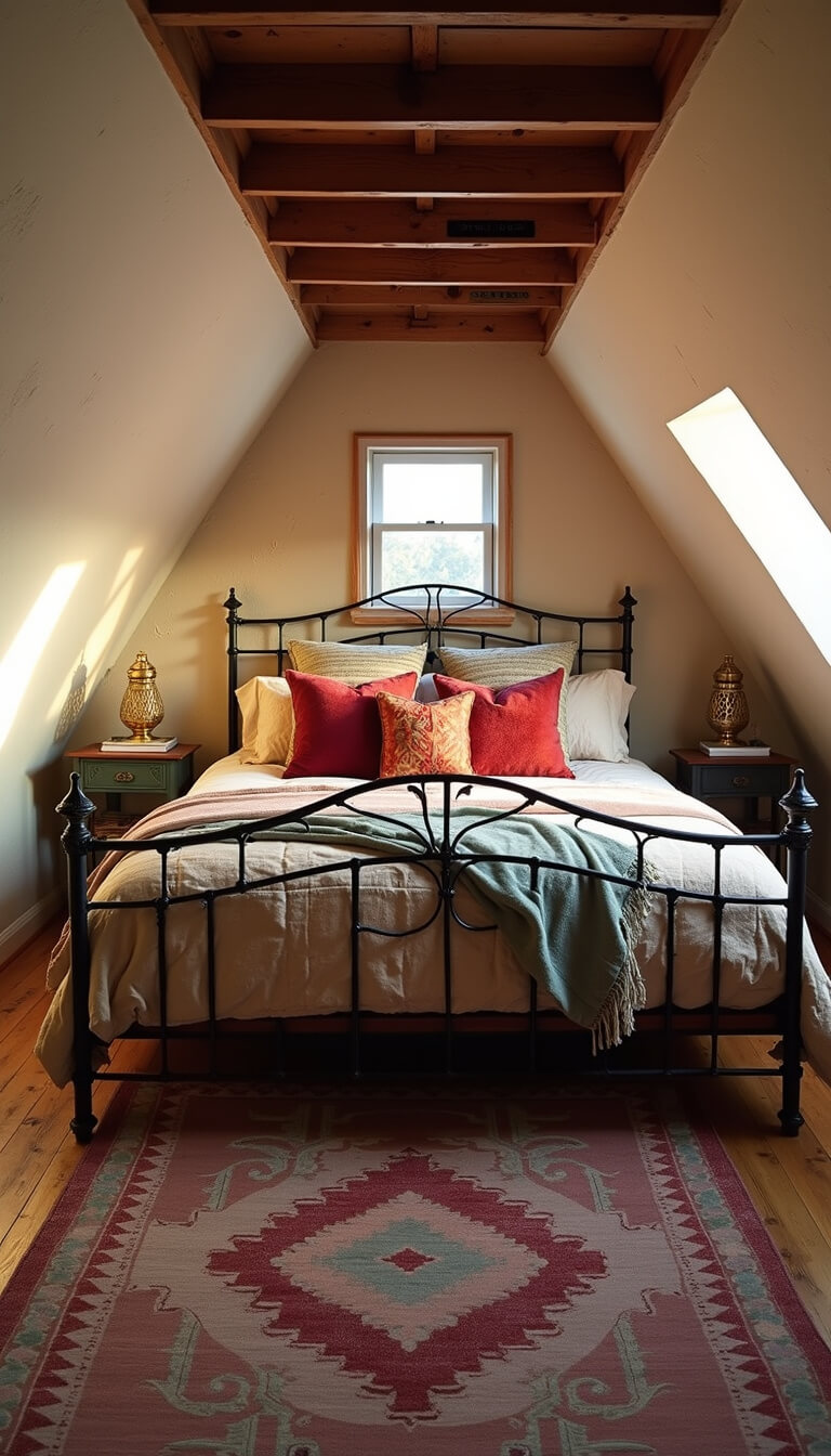 Boho attic bedroom with exposed beams, velvet pillows, vintage throws, Moroccan lanterns, and kilim rugs at golden hour.
