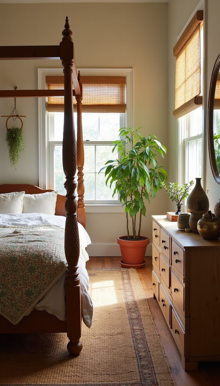 Corner bedroom with canopy bed, tribal rugs, and sunlight filtering through bamboo blinds.