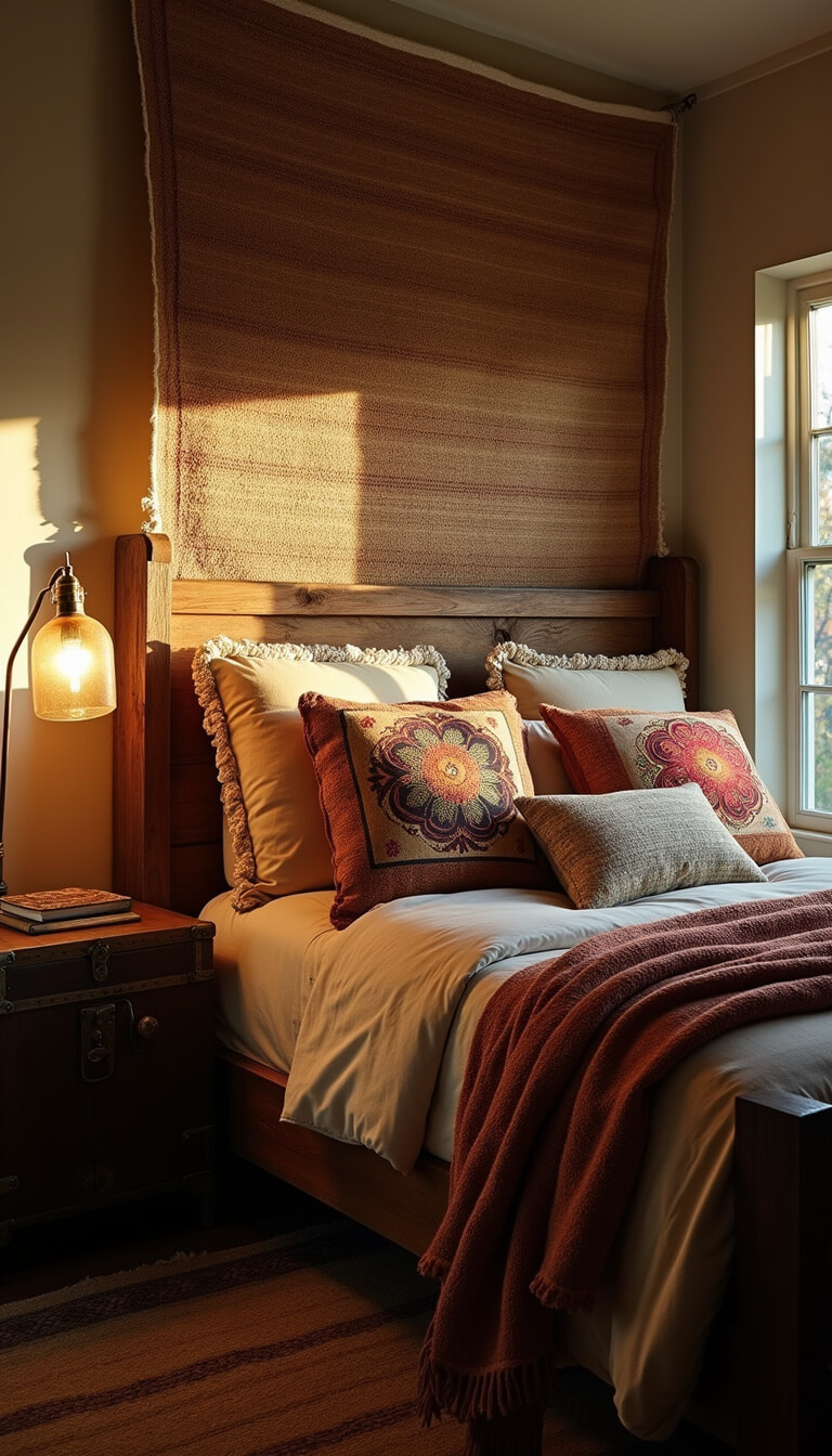 Cozy 10x12ft bedroom at twilight with warm light from a vintage brass floor lamp, reclaimed wood bed, earthy handwoven wall tapestry, embroidered cushions, and antique trunk bedside table.