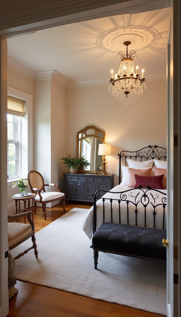 Expansive Victorian-style bedroom with matte black iron bed, vintage French linens, blush walls, crystal chandelier, and multiple seating areas with rattan chairs and velvet ottoman.