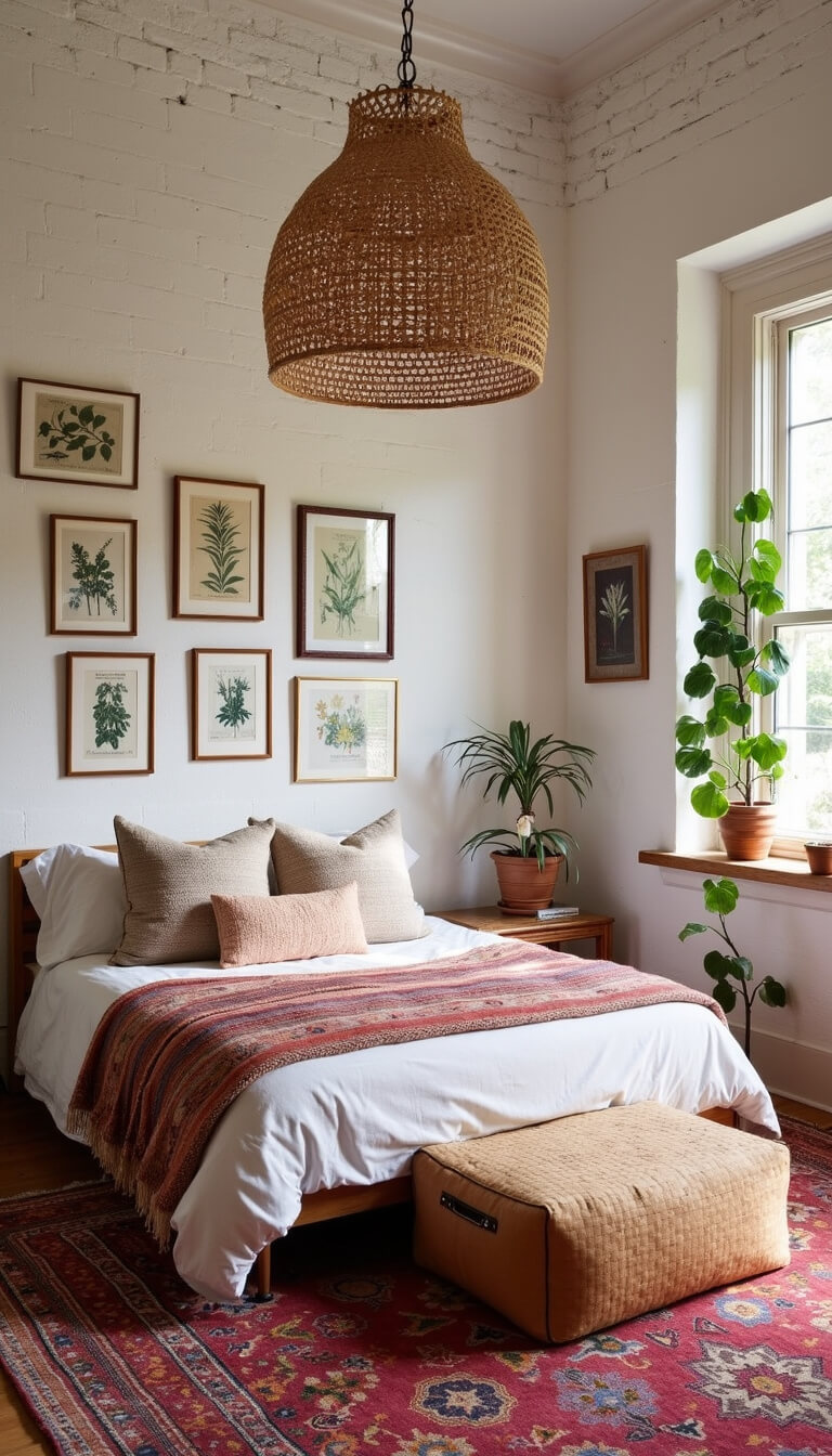 Bohemian 15x15ft guest room with whitewashed brick walls, vintage botanical prints, low platform bed with Moroccan blankets, floor cushions, rattan pendant light, and layered overdyed rugs, lit by natural midday light.