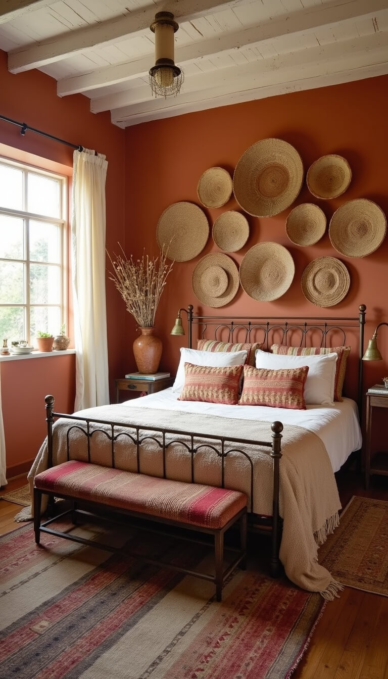 Rustic-boho bedroom with white beam ceiling, terracotta walls, brass bed, vintage textiles, woven baskets, and morning light through east-facing windows.