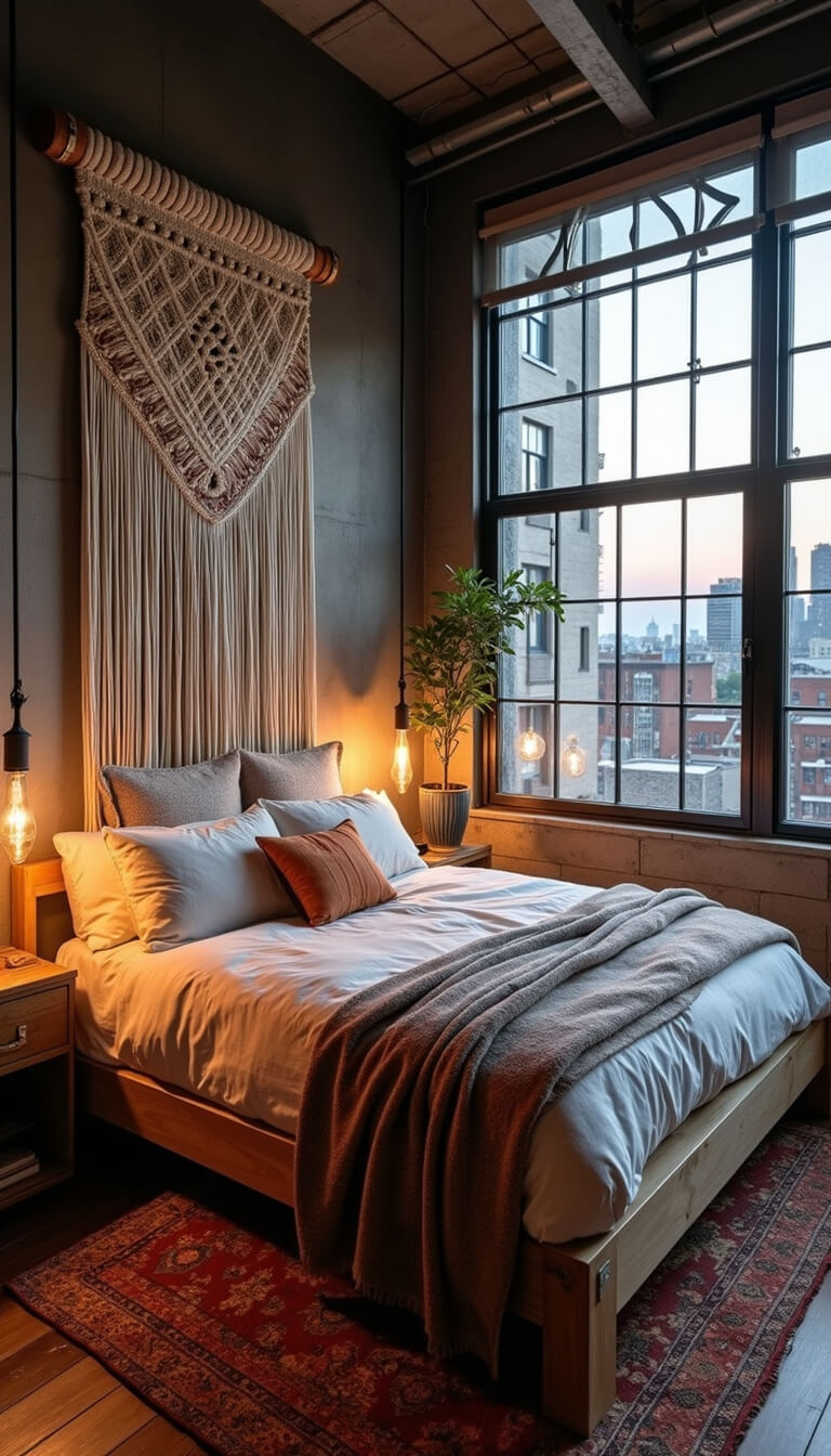 Modern bohemian bedroom with platform bed, vintage textiles, macramé headboard, and city views through industrial windows at dusk.
