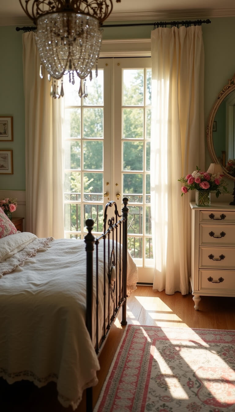 Romantic 12x14ft bedroom with antique iron bed, lace curtains, and crystal prisms casting rainbows, bathed in afternoon light through French doors to balcony.