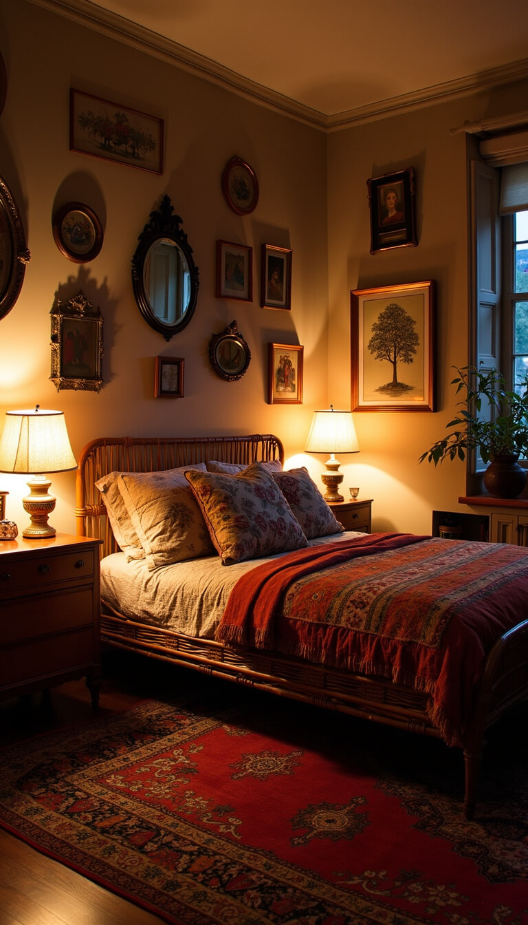 Cozy eclectic corner room at night with rattan bed, vintage quilts, moody lighting, and gallery wall of mirrors and art.