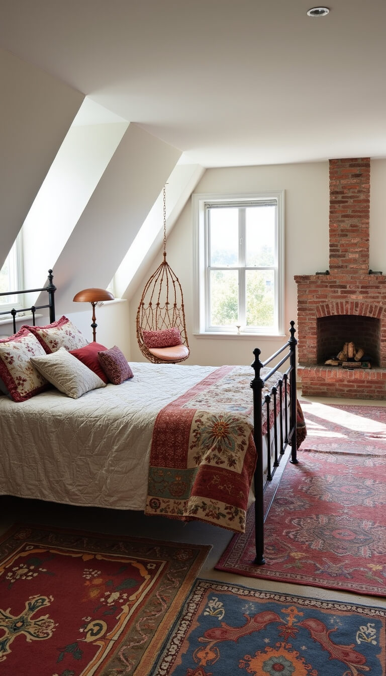 Sunlit attic bedroom with dormer windows, white-painted brick chimney, vintage metal bed, colorful quilts and pillows, hanging rattan chair by window, and layered vintage rugs.