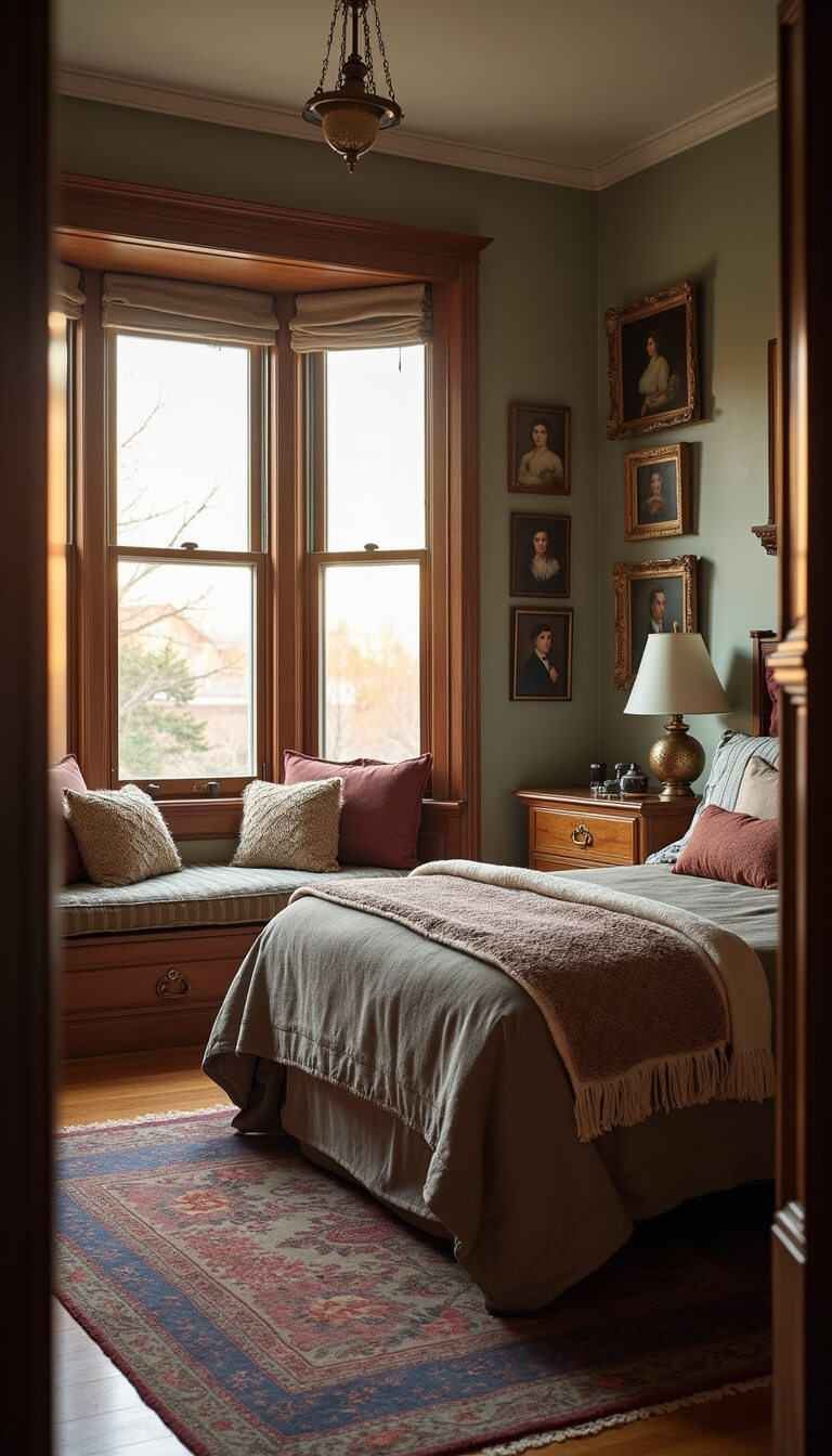 Serene 14x15ft bedroom at dawn with carved wooden bed, vintage portraits, and sunlight streaming through bay window with velvet-cushioned seat.