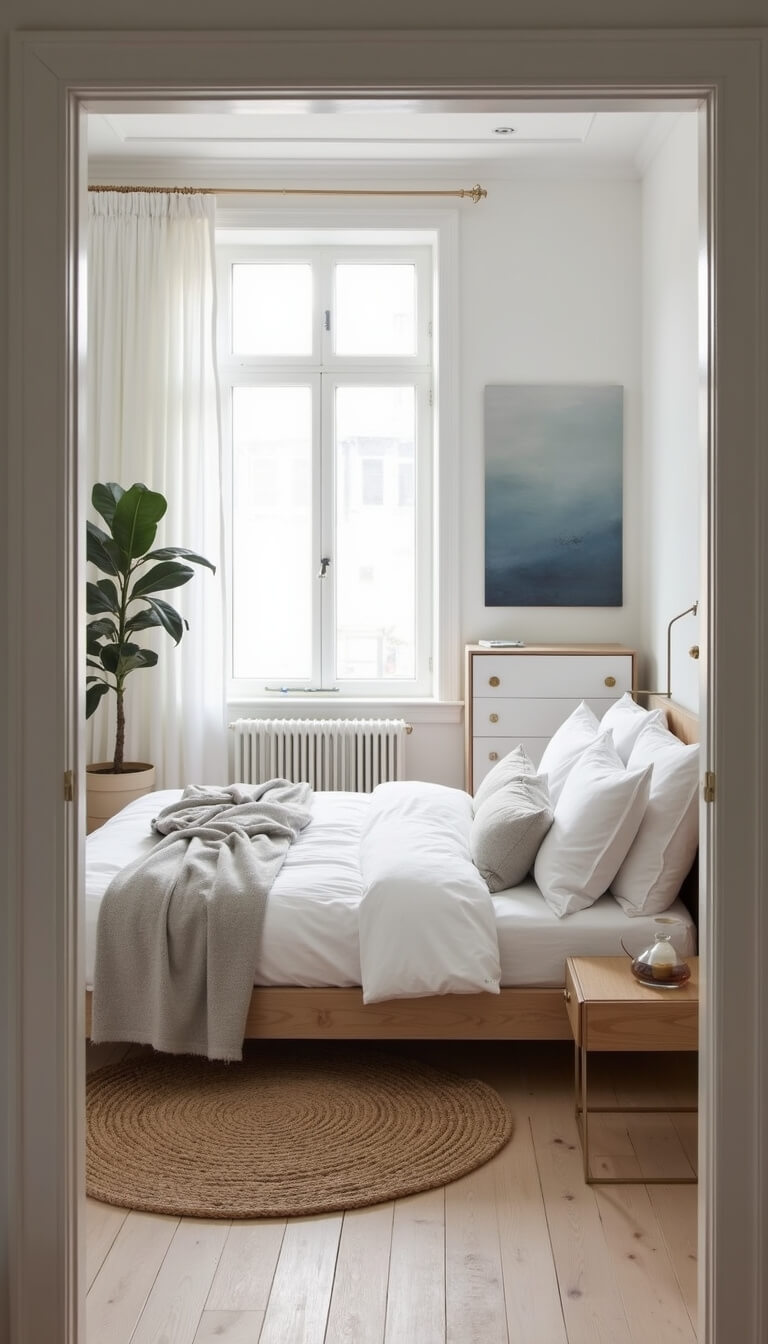 Scandinavian bedroom with oak platform bed, white bedding, jute rug, and floor-to-ceiling windows letting in morning light.