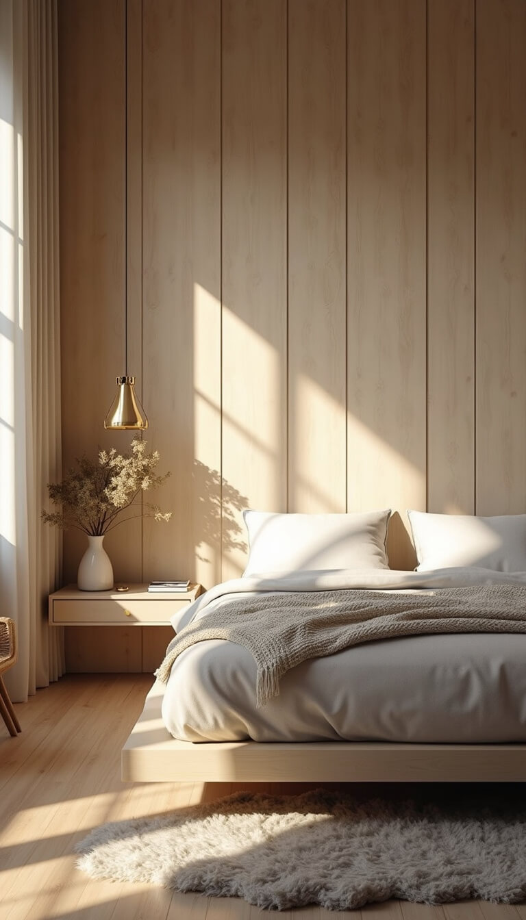 Minimalist 12x14ft bedroom with light wood accent wall, floating platform bed in stone-colored linen, cozy textures, and golden hour lighting.