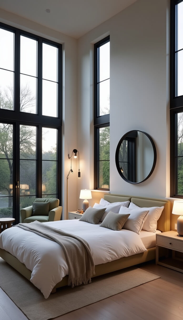 Sophisticated 16x16ft primary bedroom at twilight with black-framed windows, king bed with white linens, neutral decor, oak nightstands, sage green chair, and ambient lighting.