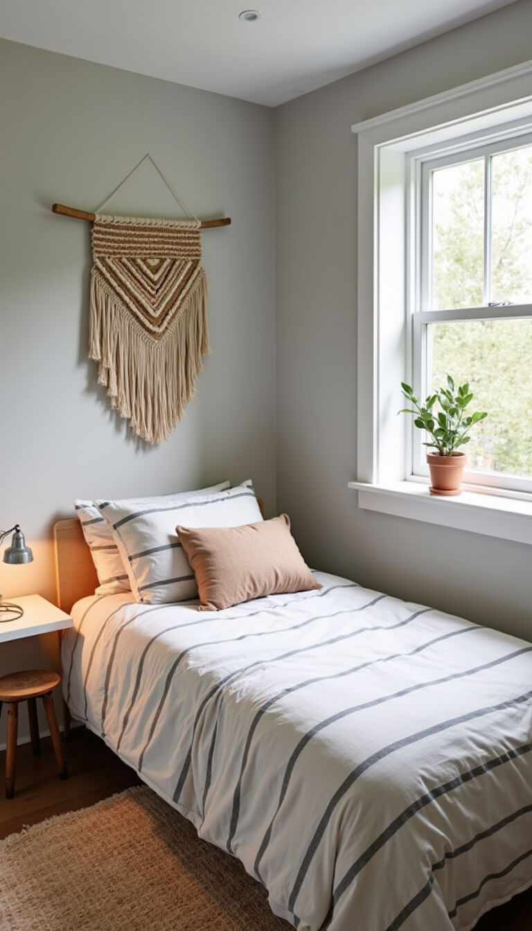 Scandinavian-style 10x12ft guest room with twin bed, striped natural bedding, floating nightstand, and woven wall hanging, viewed from above in natural midday light.