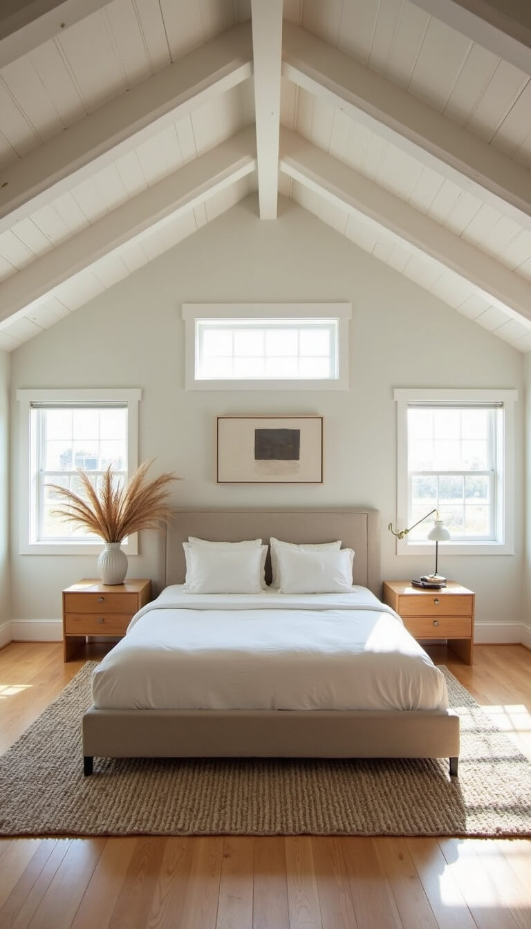 Bright master bedroom with vaulted ceiling, white beams, wood floors, California king bed, modern nightstands, wool rug, and morning light.