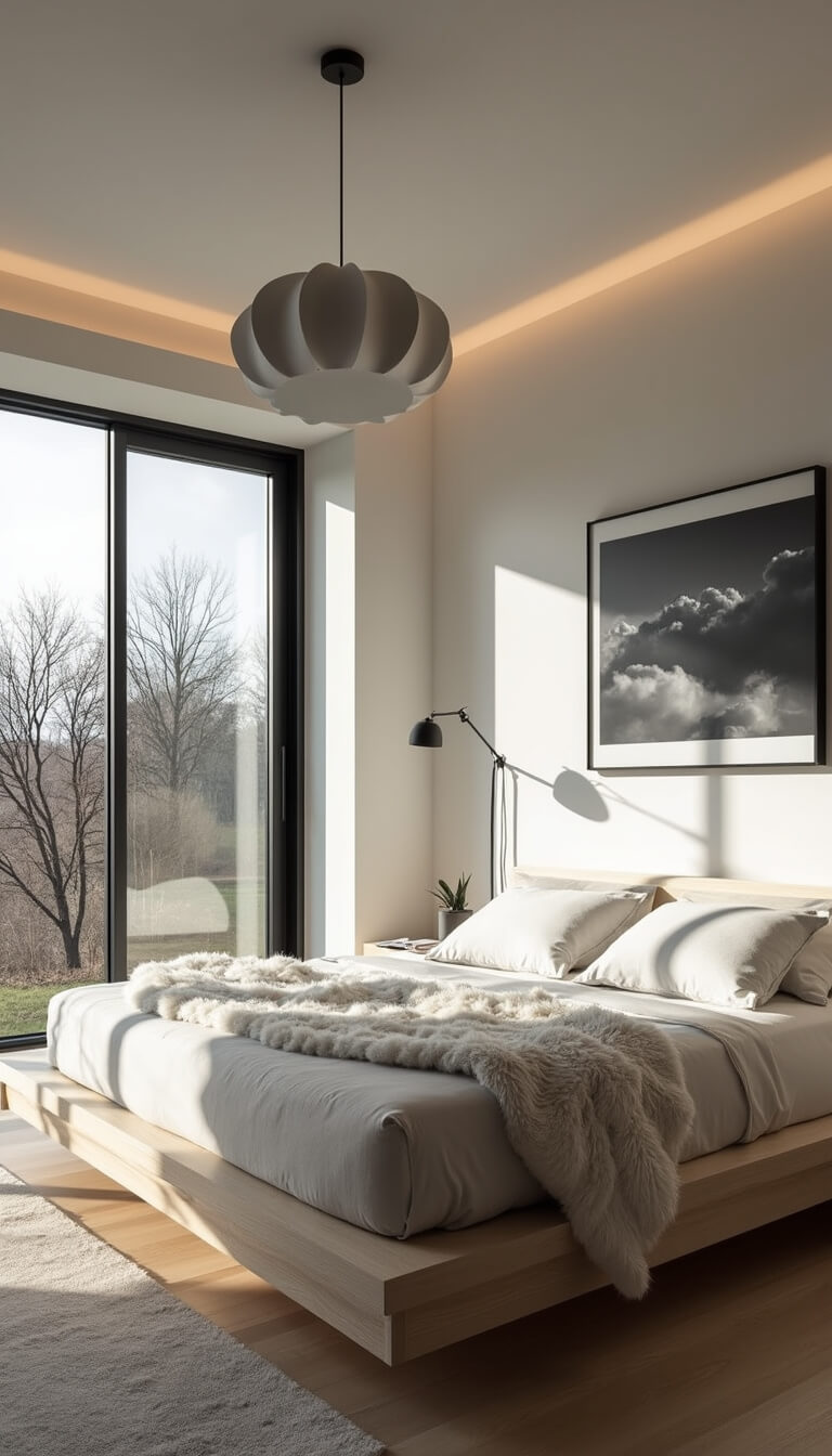 Minimalist 12x14ft bedroom with platform bed, floor-to-ceiling windows framing nature, ceramic pendant light, black and white wall photo, and cozy sheepskin accents.