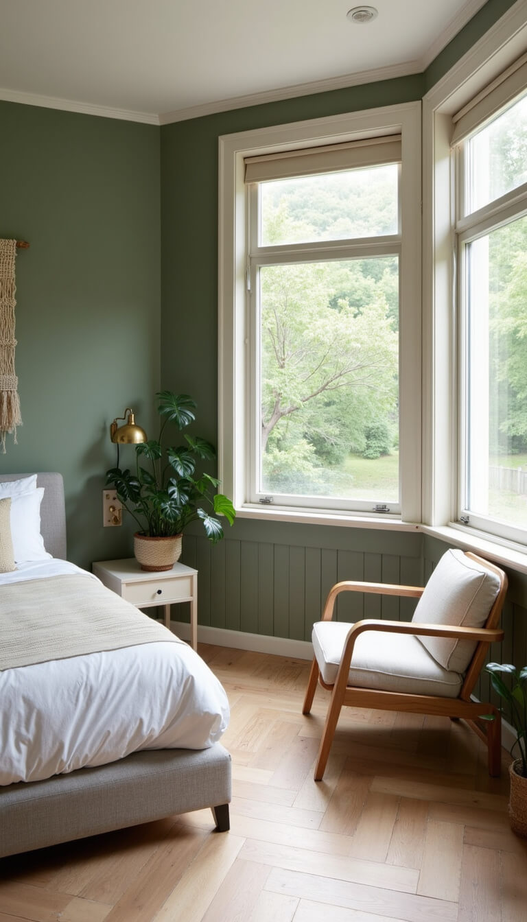 Peaceful corner bedroom with wraparound windows, sage green accent wall, gray upholstered bed, brass sconces, and natural morning light.