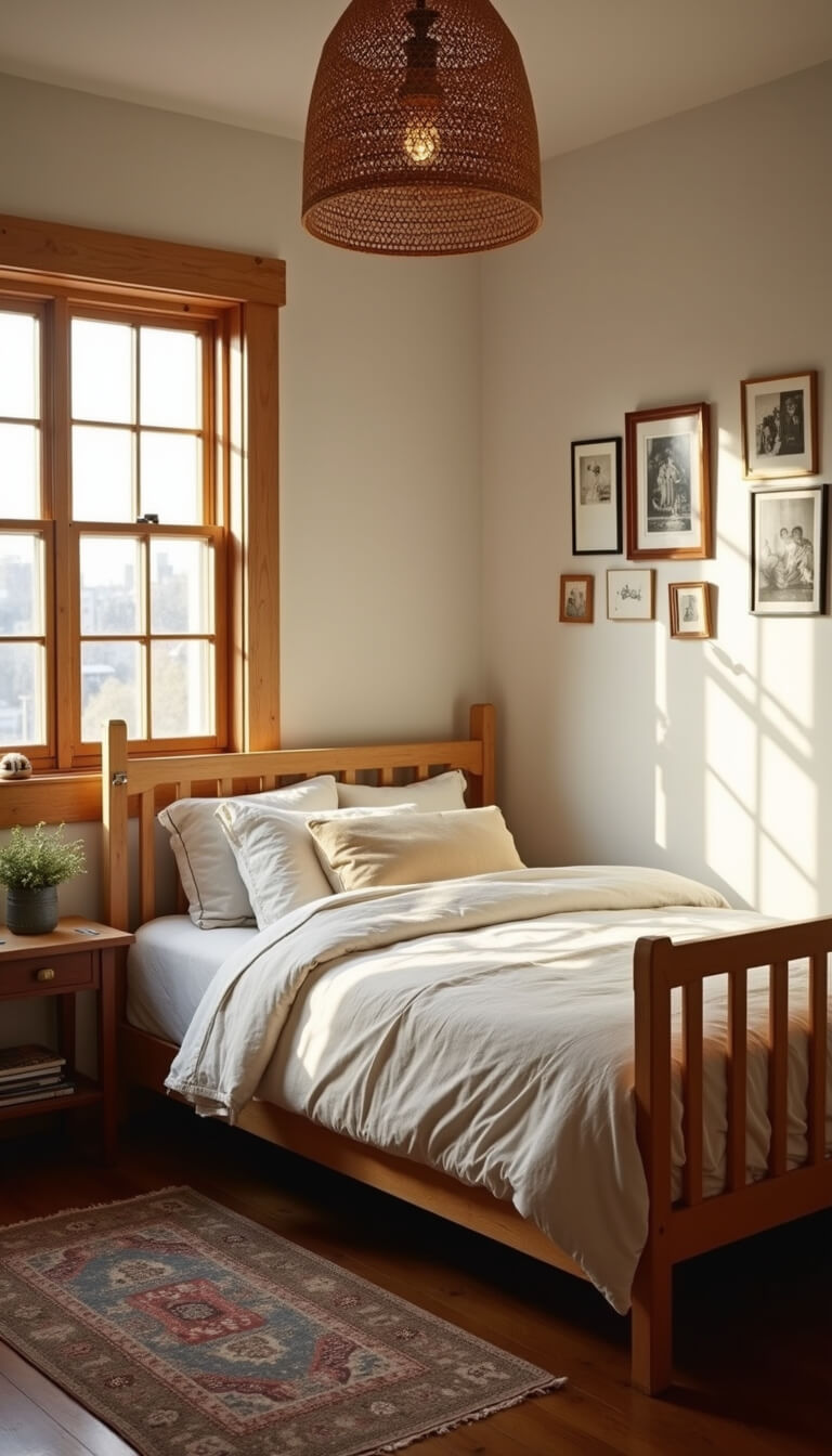 Cozy 11x13ft bedroom at golden hour with warm white walls, light wood trim, oak spindle bed, layered white and cream bedding, vintage Persian rug, rattan pendant light, black and white photo gallery wall, and nostalgic modern mood.