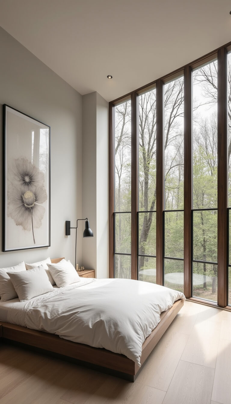 Modern 15x17ft bedroom with floating platform bed, pale wood floors, ribbon windows with treetop views, monochrome bedding, black metal lighting, abstract neutral art, and soft natural and architectural lighting.