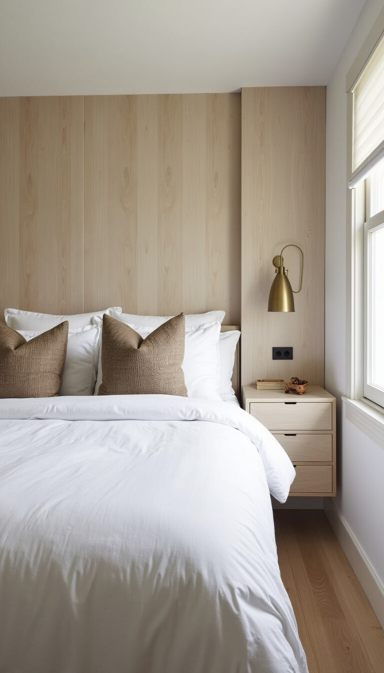 Small 9x11ft bedroom with pale wood built-in headboard and nightstands, plush white bedding, brass wall lamps, floating dresser, and clever vertical storage.