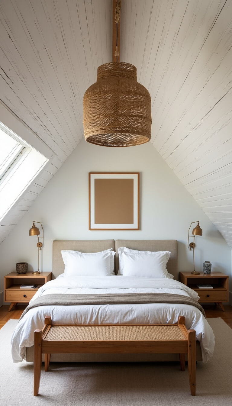 Rustic airy bedroom with pitched ceiling, low-profile bed, woven pendant light, and natural wood accents.