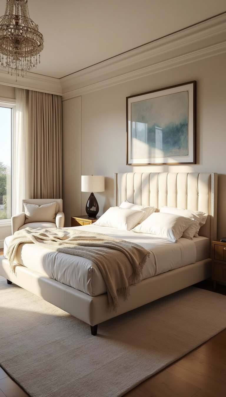 Luxurious master bedroom with king bed, ivory tufted headboard, champagne bedding, crystal chandelier, brass nightstands, and floor-to-ceiling windows bathed in golden hour light.