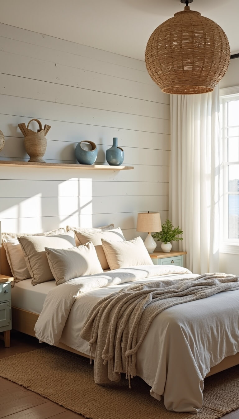 Sunlit coastal bedroom with shiplap wall, sand-toned linen bedding, rattan light fixture, seagrass rug, and beach accents.