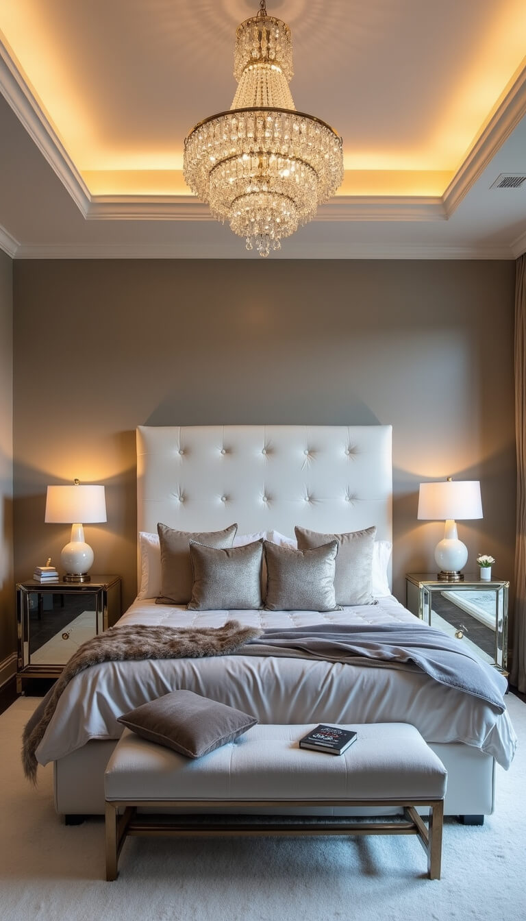 Luxurious 16x20ft master bedroom at dusk featuring tray ceiling with indirect lighting, California king bed with ivory silk headboard, layered velvet and fur bedding, crystal chandelier, mirrored nightstands, alabaster sconces, and plush white carpet.