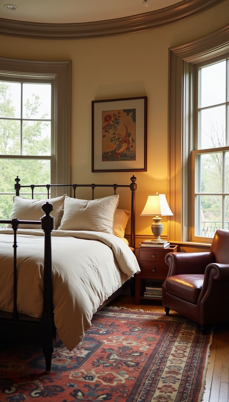 Cozy 11x13ft guest room with crown molding, bay window, antique brass bed, Persian rug, leather reading chair, and vintage art gallery wall in warm late afternoon light.