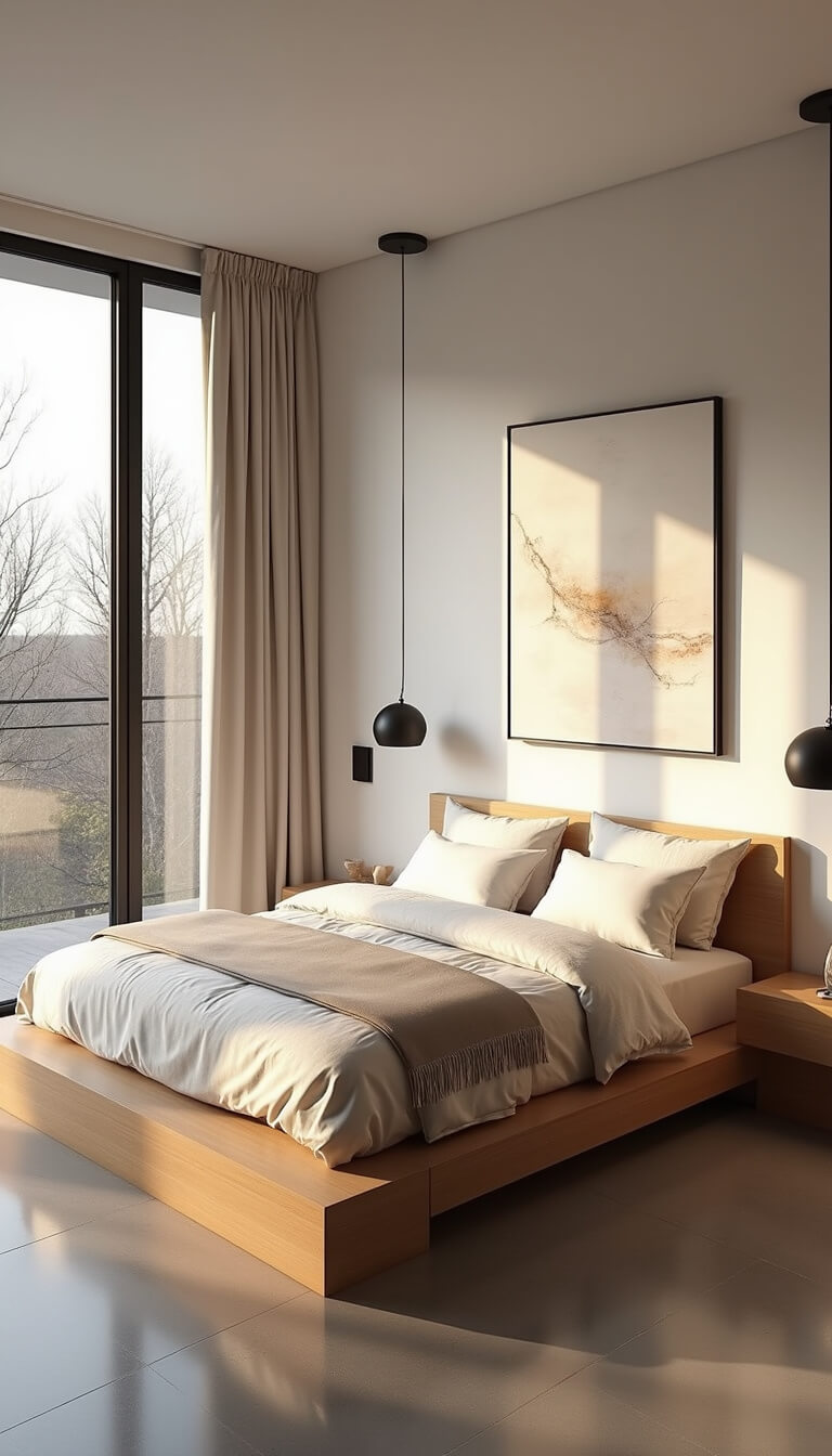 Minimalist 15x17ft primary bedroom with platform bed, monochrome bedding, floor-to-ceiling windows, matte black pendant lights, and polished concrete floors during golden hour.