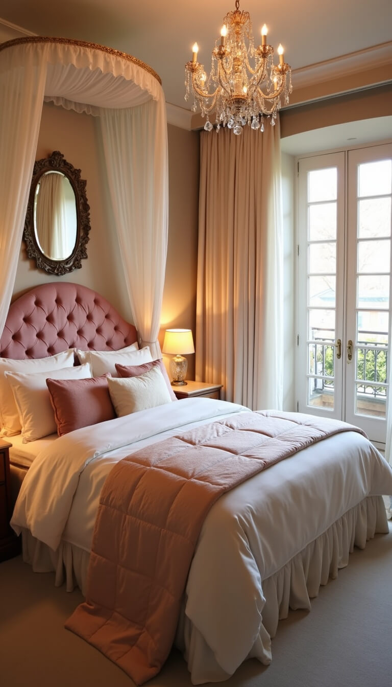 Romantic 14x16ft bedroom at sunset with canopy bed, blush tufted headboard, layered silk bedding, crystal chandelier, and French doors to balcony.