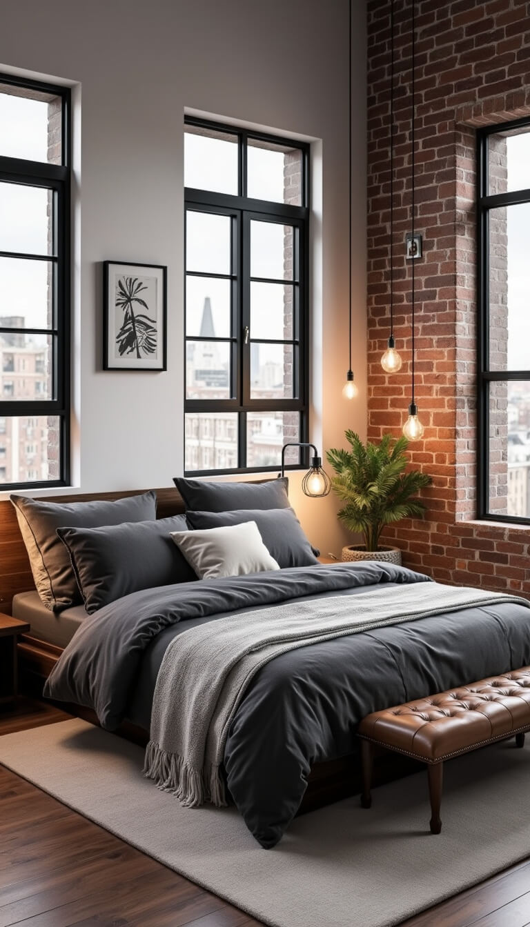 High-angle view of an industrial-chic 12x15ft urban bedroom with exposed brick wall, queen dark walnut platform bed with charcoal bedding, Edison bulb pendant lights, distressed leather bench, bold contemporary art, and black-framed windows.