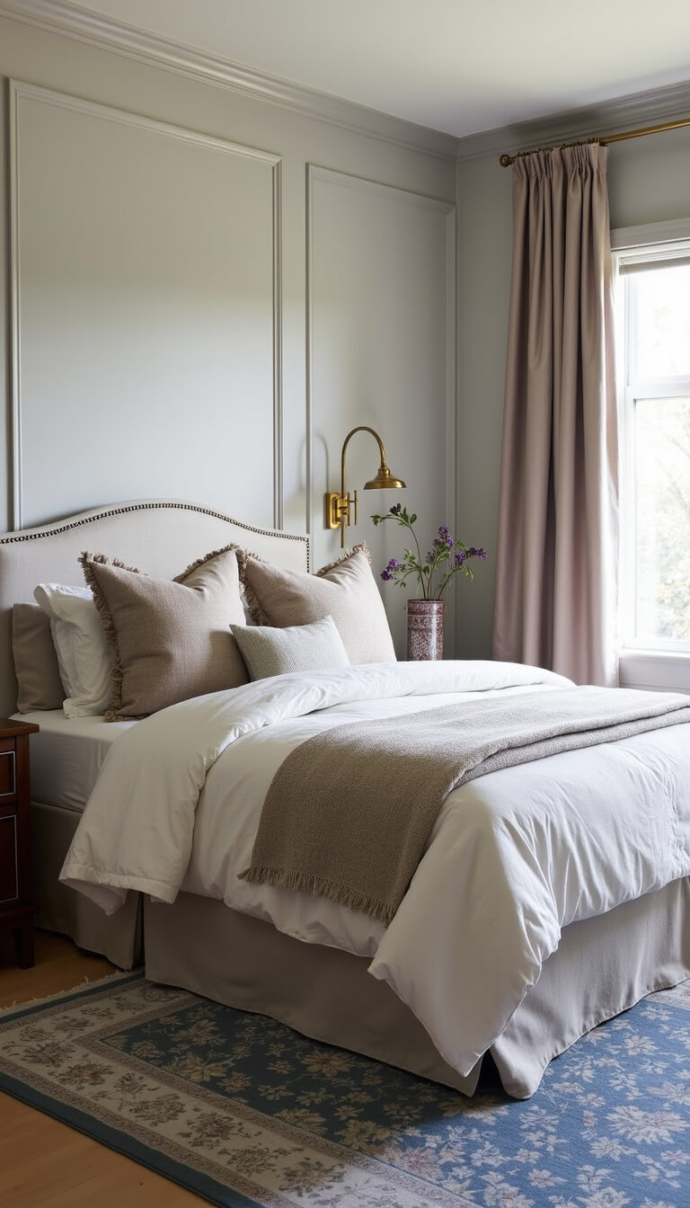 Transitional 13x14ft bedroom with soft grey panel molding, natural linen queen bed, layered ivory and taupe bedding, brass sconces, silk drapes, and muted blue traditional rug in morning light.