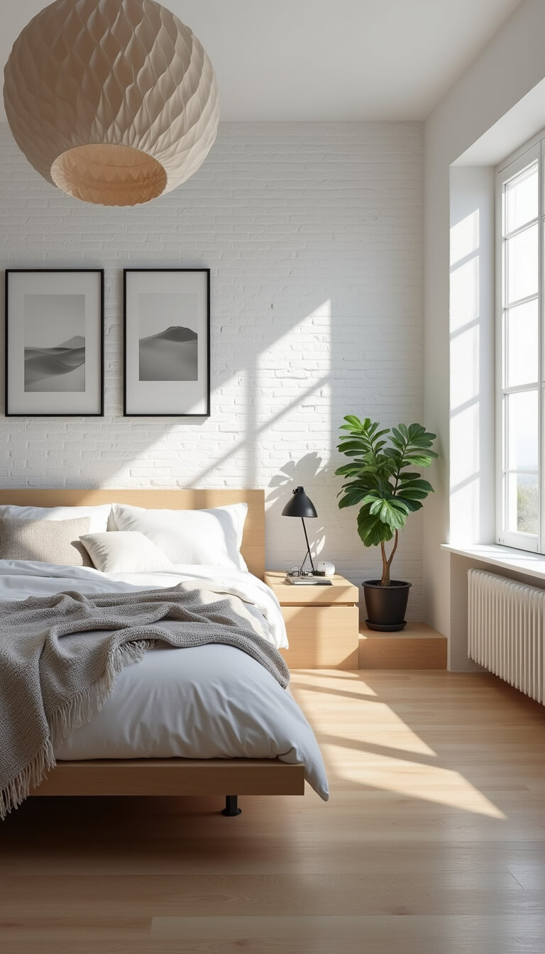Scandinavian-style 15x16ft bedroom with white brick walls, blonde wood floors, and a light oak platform bed under bright natural noon lighting.