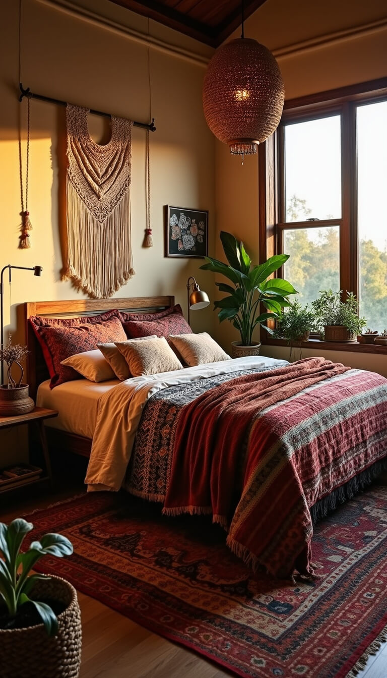 Bohemian 14x15ft bedroom at sunset with queen bed, Moroccan headboard, vintage quilts, macramé wall hanging, rattan pendant, brass lamp, Turkish rug, plants, and woven baskets.