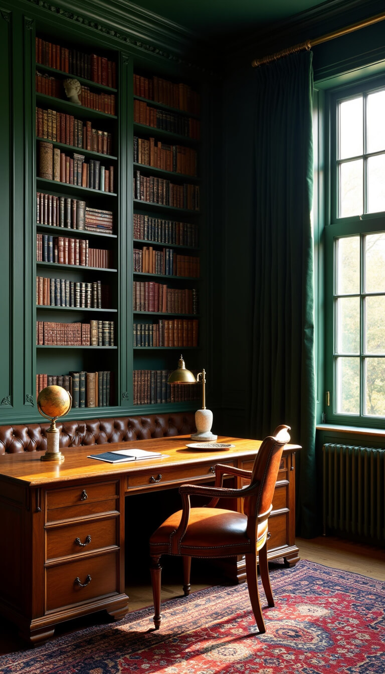 Golden hour light fills a richly decorated study with dark emerald walls, a walnut desk angled in the room, worn leather club chair, floor-to-ceiling bookshelves, Persian rug, brass lamp, vintage globe, marble bust, and velvet forest green curtains.