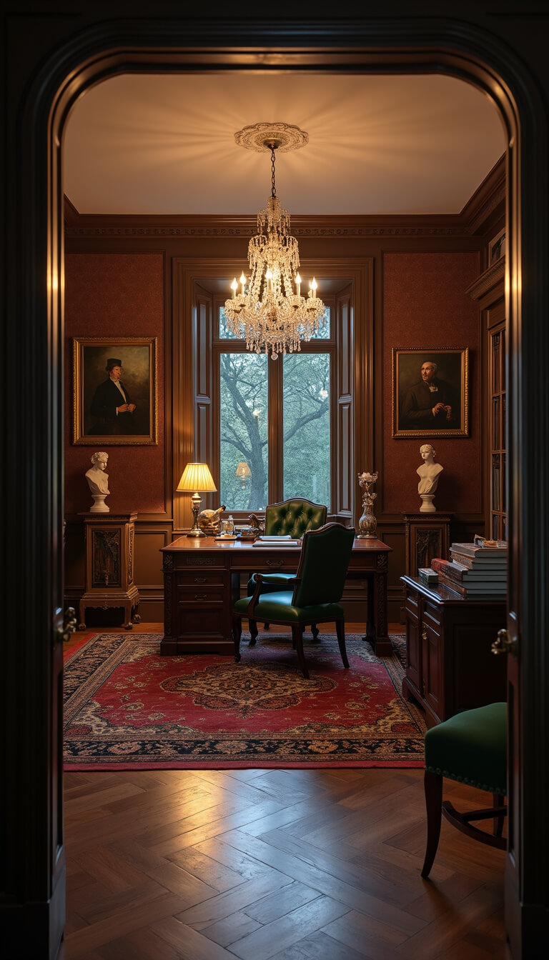 High-angle view of elegant home office with antique desk, emerald leather chair, crystal chandelier, and rich decor in a twilight academia atmosphere.