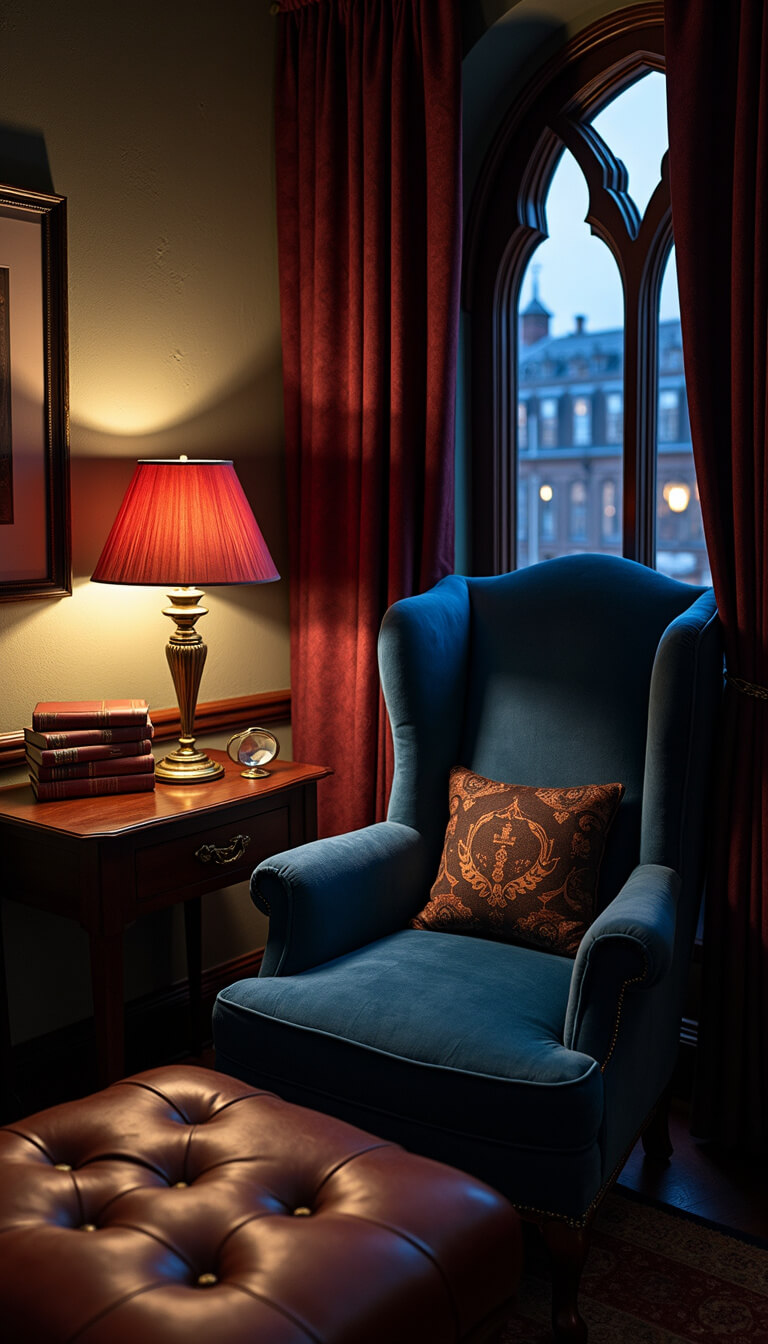 Overhead view of a cozy 6x8ft reading alcove at midnight with a midnight blue velvet wingback chair, brass floor lamp casting shadows, dark walnut side table holding stacked leather books and aged magnifying glass, deep wine damask curtains, aged leather tufted ottoman, and gothic arch window detail in ambient moody lighting.