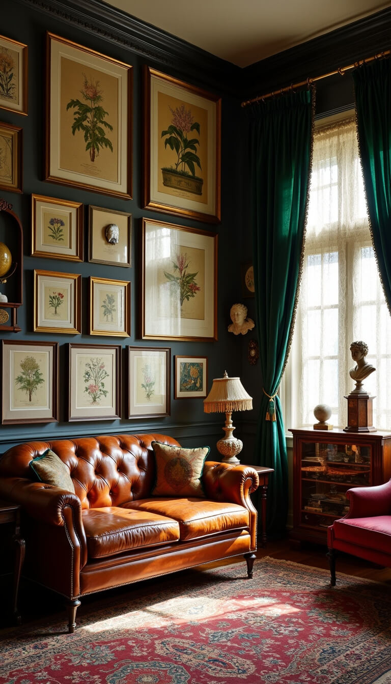 Victorian parlor with vintage decor, Chesterfield sofa, botanical prints, curiosities on walnut étagère, and morning light casting dramatic shadows.