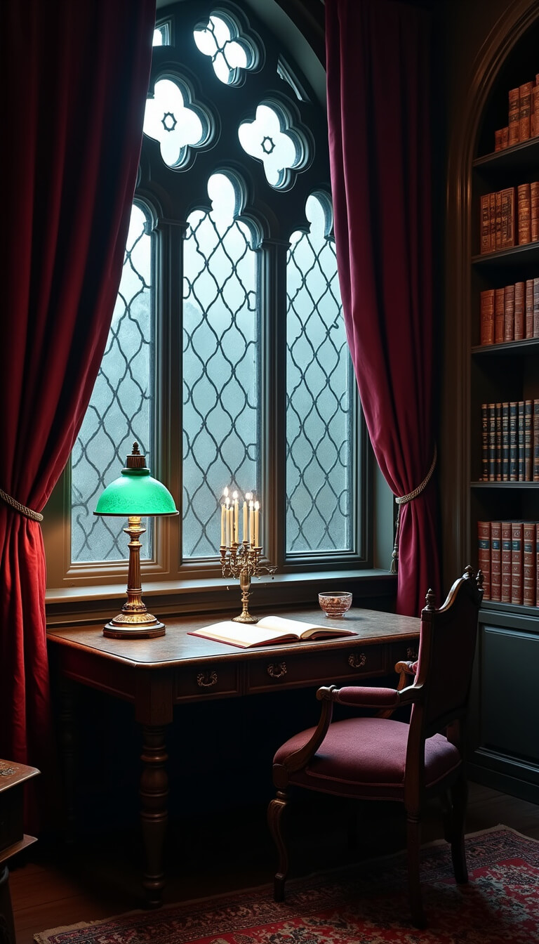 Moody medieval-inspired study with dark oak desk, green banker's lamp, arched leaded-glass window, velvet drapes, flickering candles, and lightning illuminating gothic details.