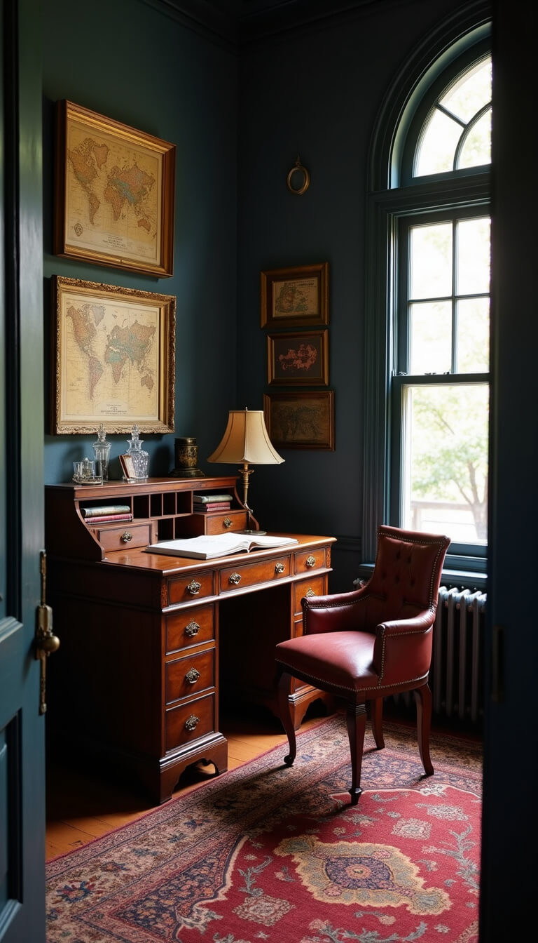 Writer's sanctuary at dawn with antique mahogany desk, navy grasscloth walls, vintage maps, tufted leather chair, oriental rug, and soft light filtering through doorway.
