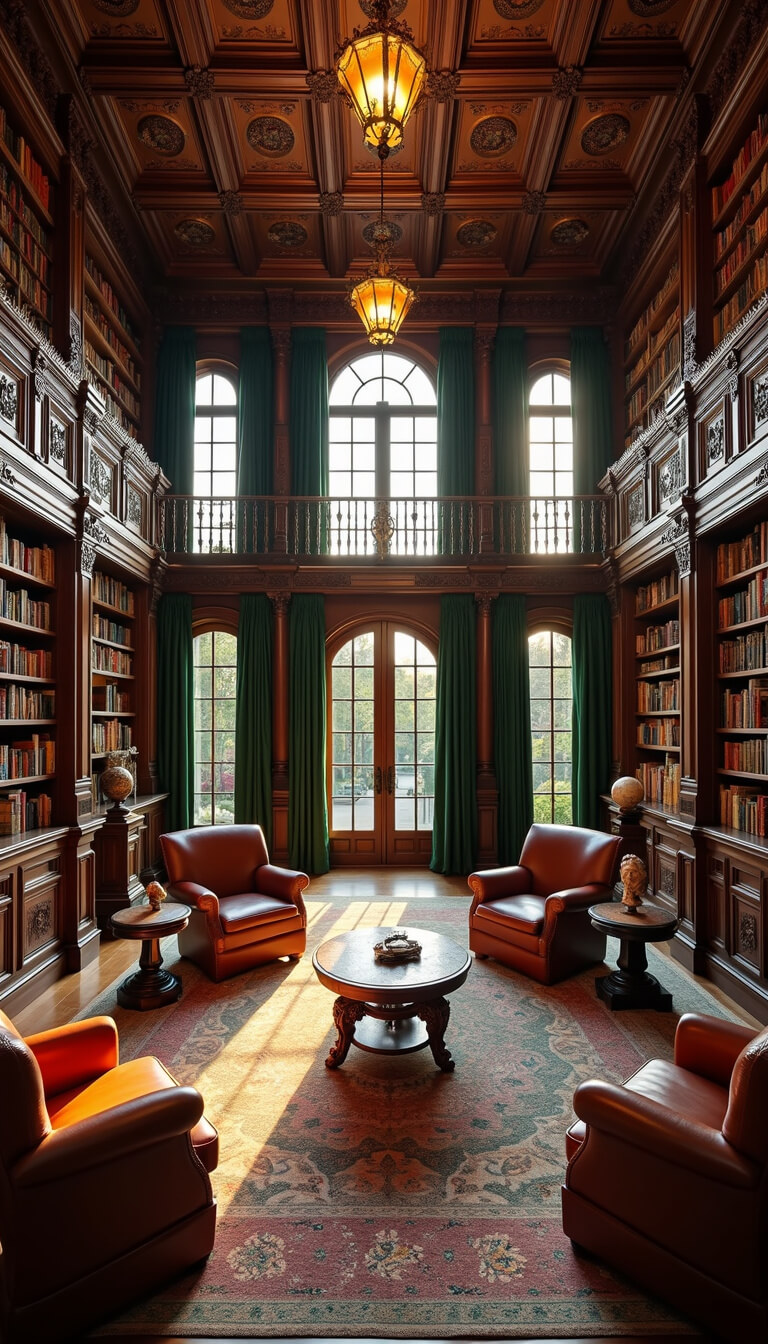 Panoramic view of a Renaissance-style library at sunset with double-height bookshelves, rolling ladder, coffered ceiling, chandeliers, leather chairs, globes, busts, and arched windows with green velvet drapery.