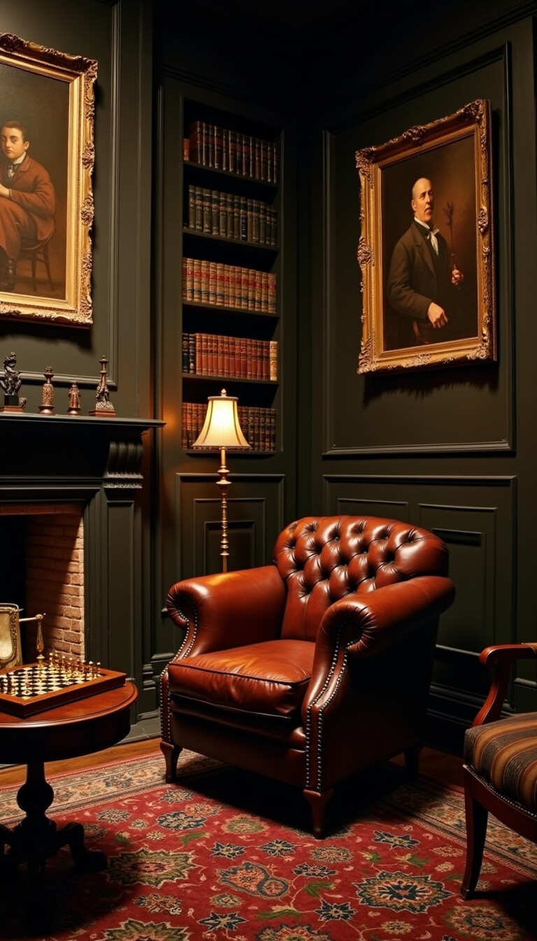 Leather Chesterfield chair beside fireplace in dark-paneled study, lit by candlelight with vintage chess set, brass lamp, and gilded oil paintings.
