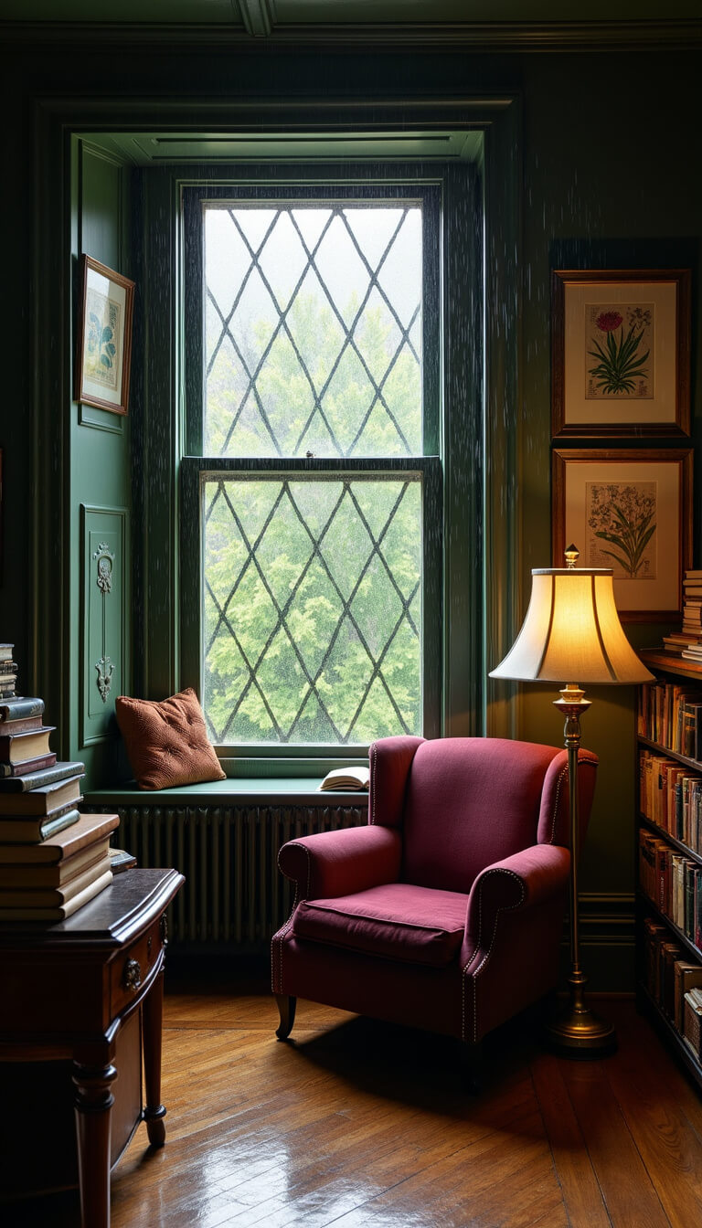 Moody academic sitting room with burgundy velvet sofa, brass lamps, dark olive walls, rain-streaked bay window, vintage decor, and stacked leather books.