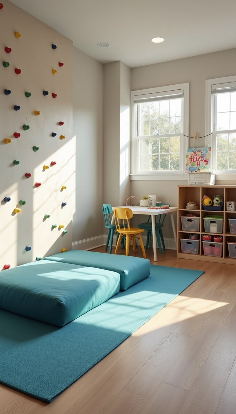 Child’s-eye view of a bright, 20x25ft basement playroom featuring a climbing wall with rainbow holds, blue safety mats, ocean teal play couches, natural wood storage cubbies with labeled bins, a craft station with colorful chairs, and warm oak vinyl plank flooring lit by morning light and LED ceiling lights.