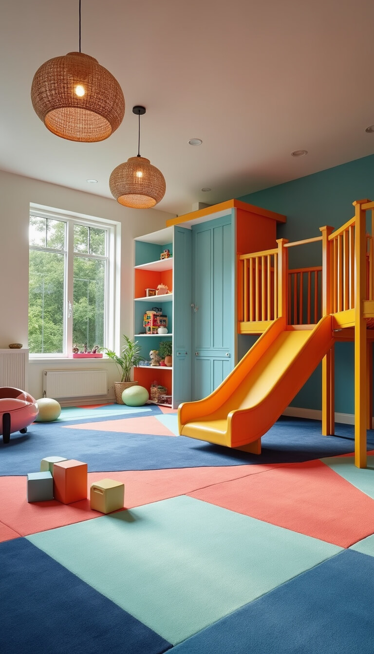 Wide-angle view of a vibrant 25x25ft professional playroom with geometric rugs, indoor playground, built-in toy storage, pastel foam blocks, and pendant bamboo lighting.