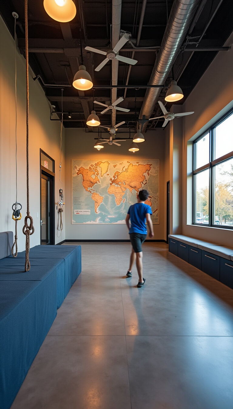 Documentary-style photo of a 20x28ft play zone at golden hour with monkey bars, climbing rope, and gym rings; magnetic world map on wall; rubber and hardwood flooring; navy storage benches; ceiling fans with LED lights.