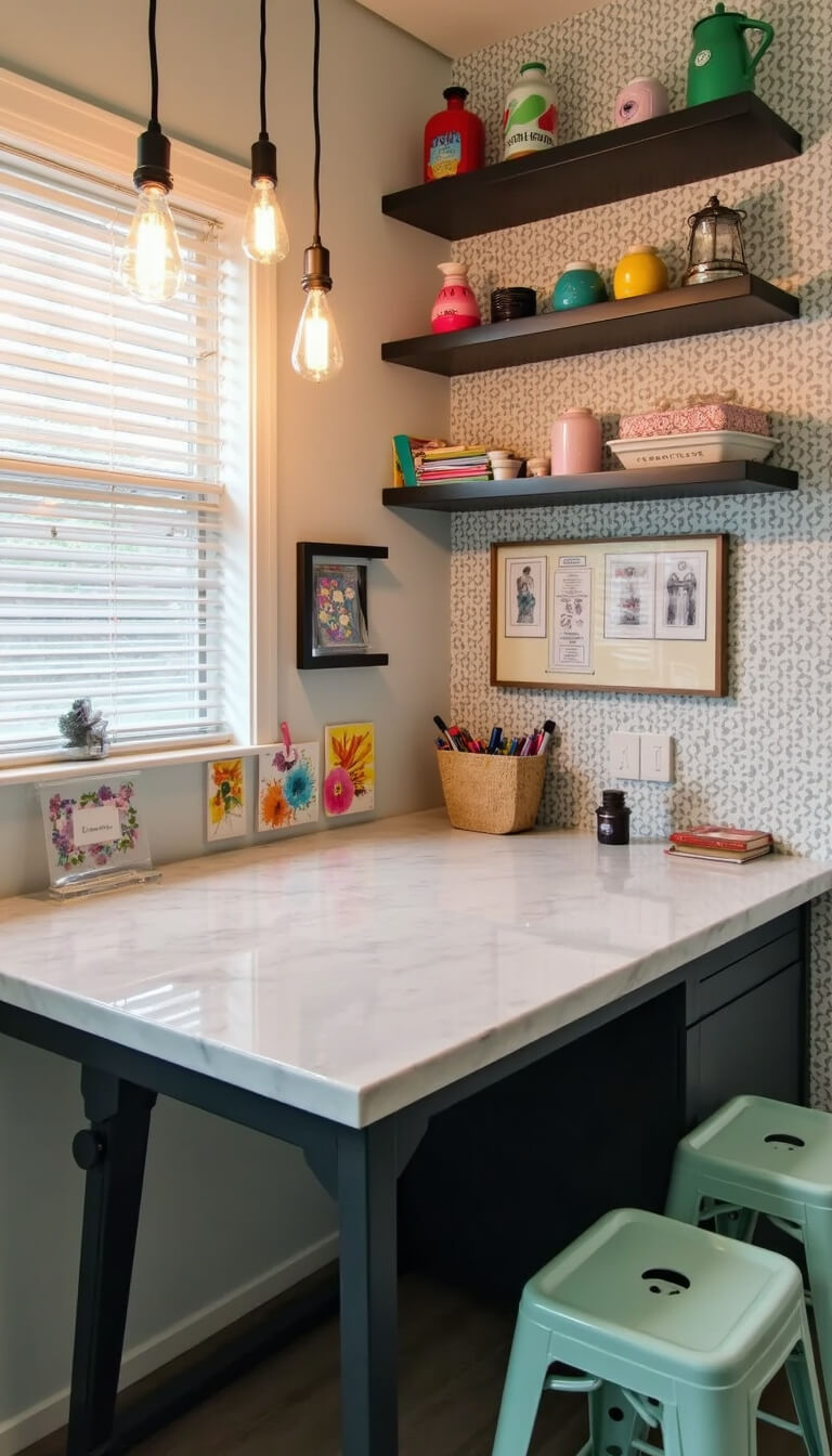 Intimate craft corner with quartz art table, children's artwork in acrylic frames, mint green stools, and industrial pendant lighting.