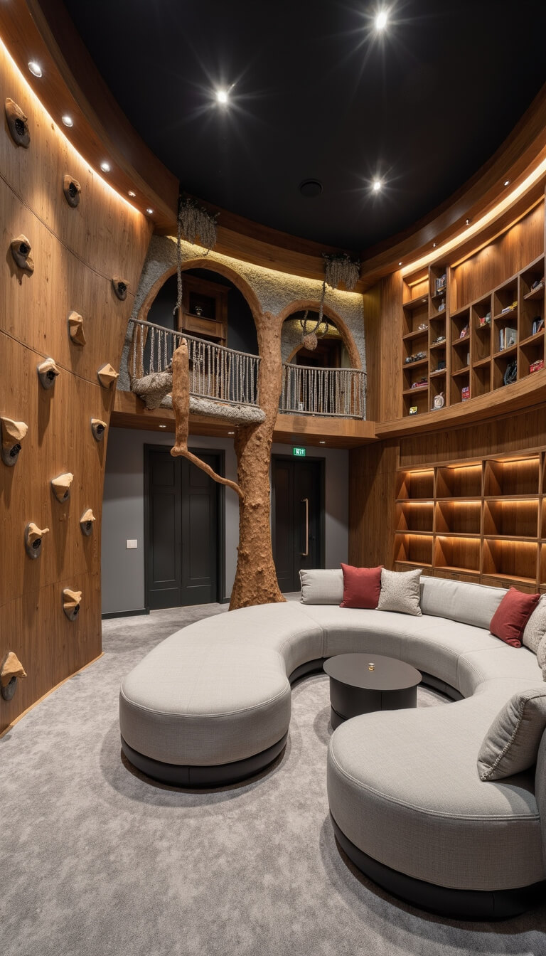 Overhead view of luxurious 30x35ft playroom with 15ft rock climbing wall, custom treehouse reading nook with rope bridge, speckled gray rubber flooring, LED lighting, walnut built-in storage, and oversized sectional sofa.