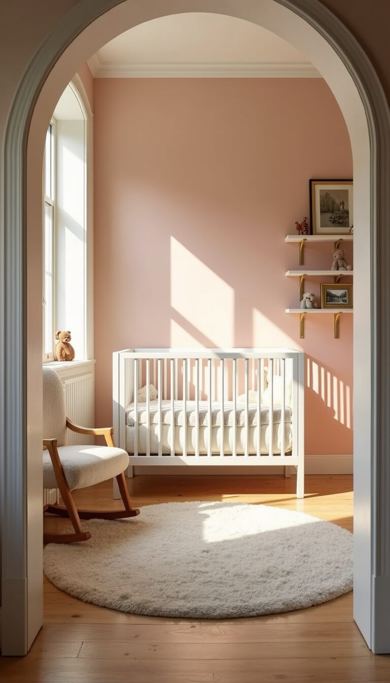 Modern nursery with pink arc wall, white crib, glider chair, and soft natural light from tall windows.